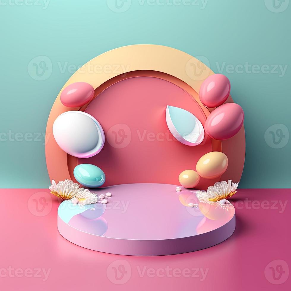 Pink Podium with Eggs and Flower Decoration for Product Display Easter Celebration photo