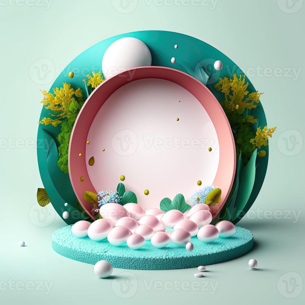 3d ilustración de un podio con huevos, flores, y follaje decoración para producto monitor foto