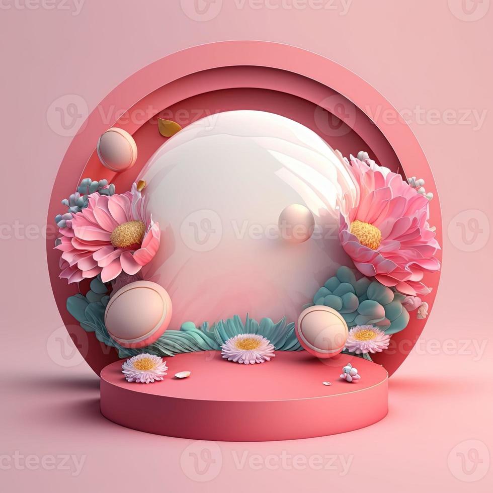 Pink Podium Decorated with Glossy Eggs and Flowers for Product Stand Easter Day photo