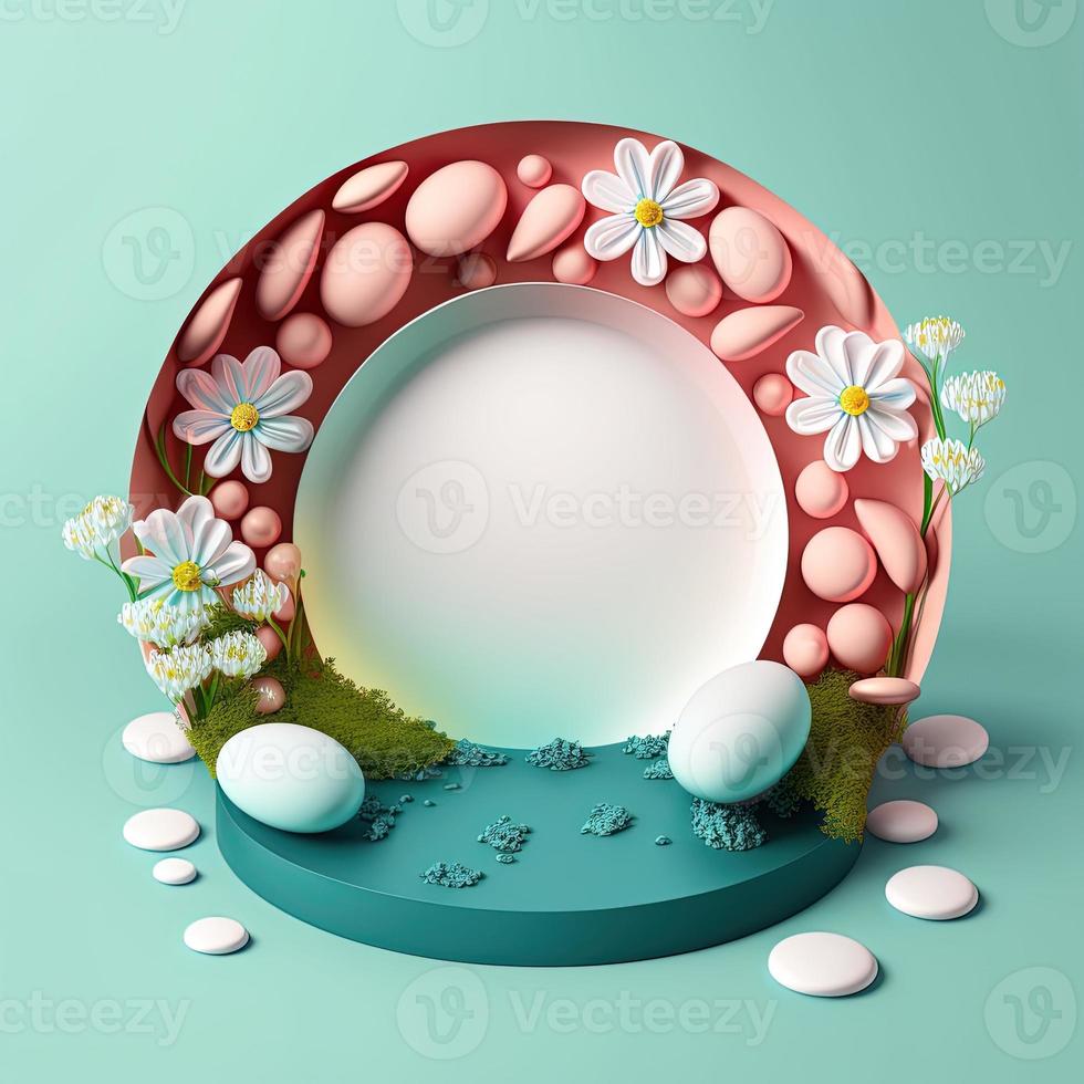3D Illustration of a Podium with Easter Eggs, Flowers, and Leaves Decoration photo