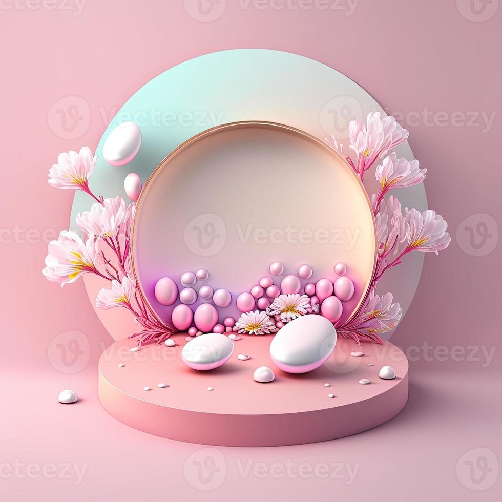 3D Pink Podium Decorated with Eggs and Flowers for Easter Day photo