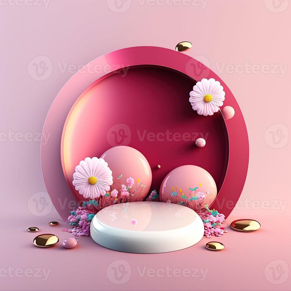 Pink Podium Decorated with Glossy Eggs and Flowers for Product Display Easter Holiday photo