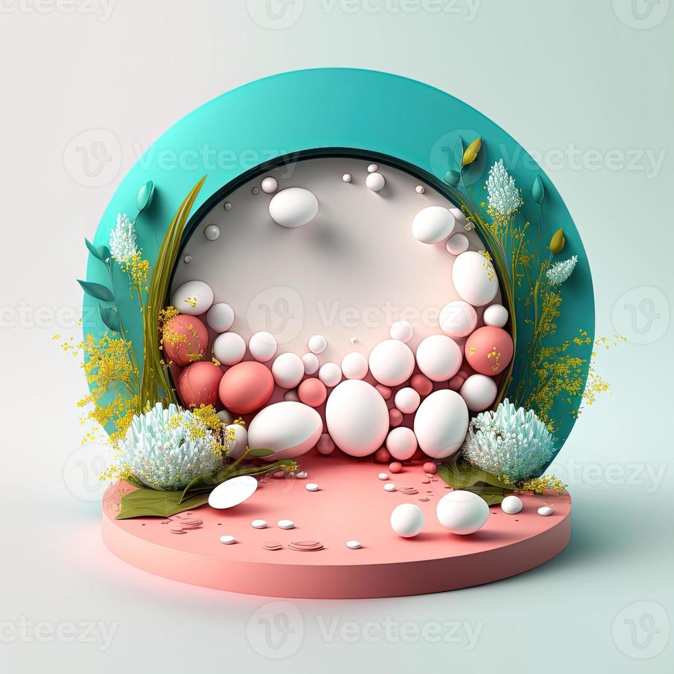 Illustration of a Podium with Eggs, Flowers, and Foliage Ornaments for Easter Celebration photo