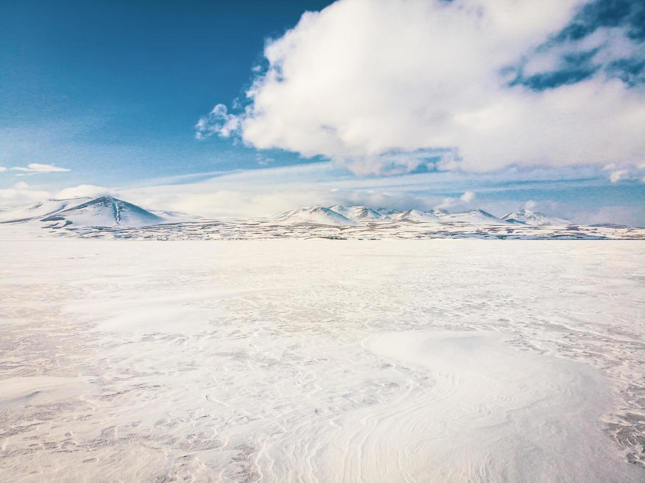 Panoramic view frozen Paravani lake in winter in sunny day.Tranquil winter landcape photo