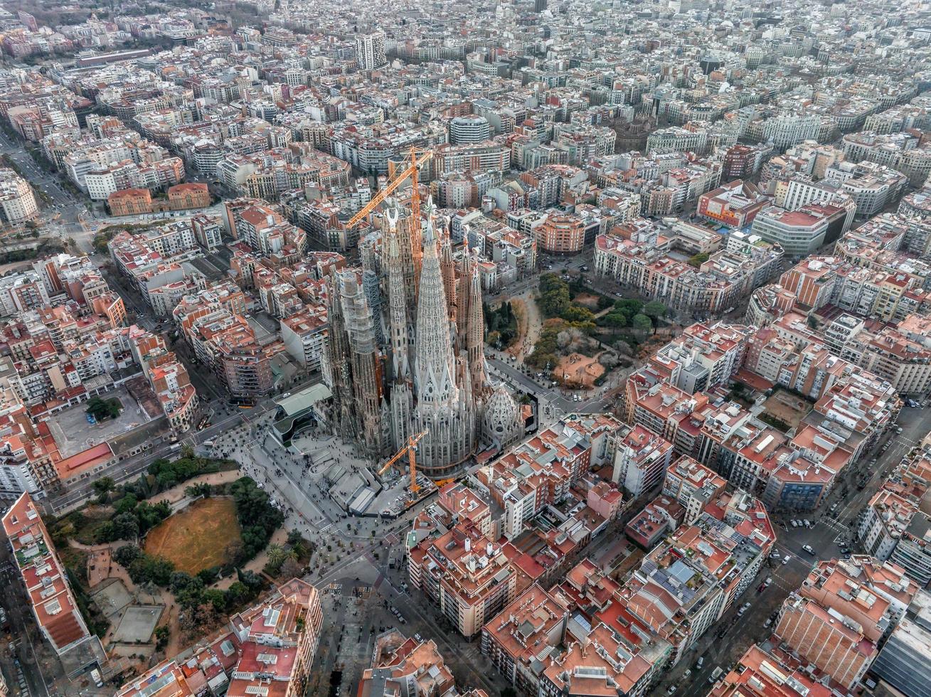 Aerial view of Barcelona City Skyline and Sagrada Familia Cathedral at ...