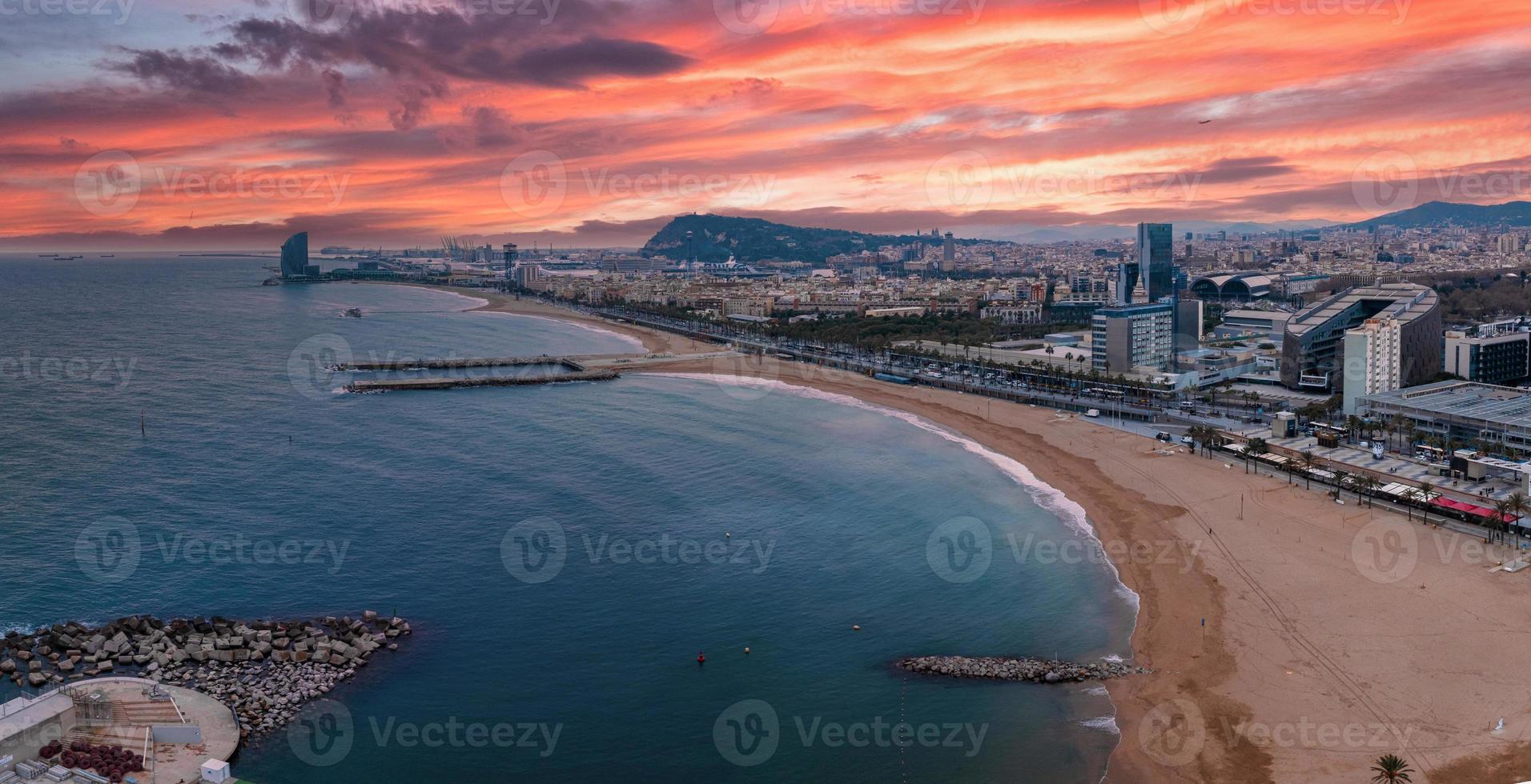 Aerial view of famous Barceloneta beach with hotel luxury W Barcelona photo
