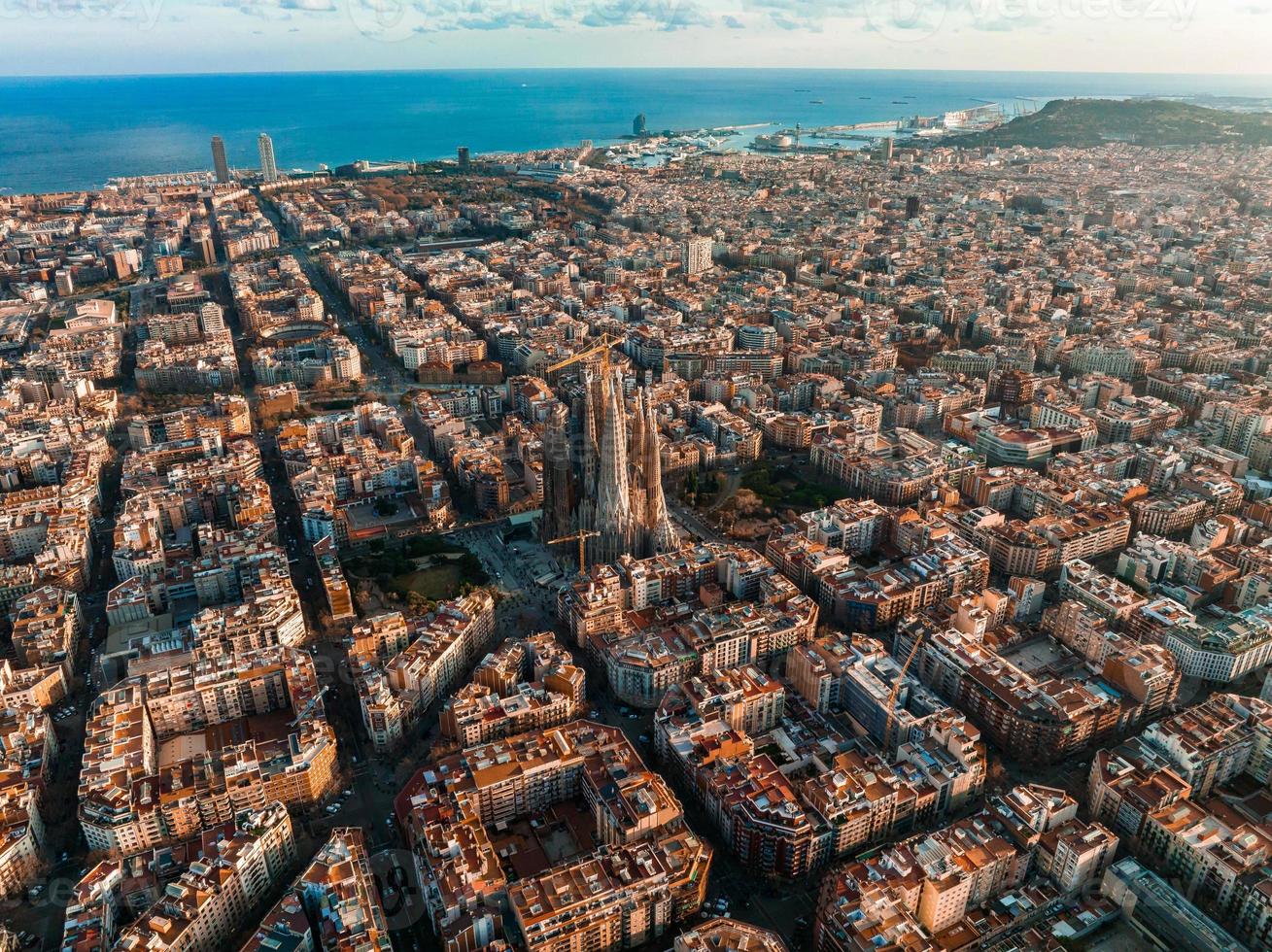 Aerial view of Barcelona City Skyline and Sagrada Familia Cathedral at ...