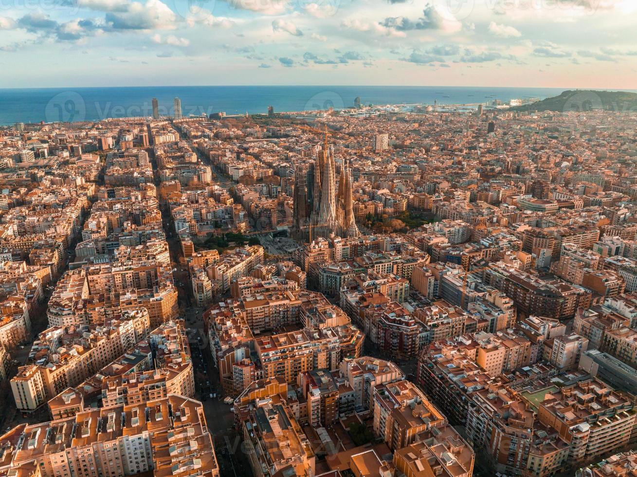 Aerial view of Barcelona City Skyline and Sagrada Familia Cathedral at ...