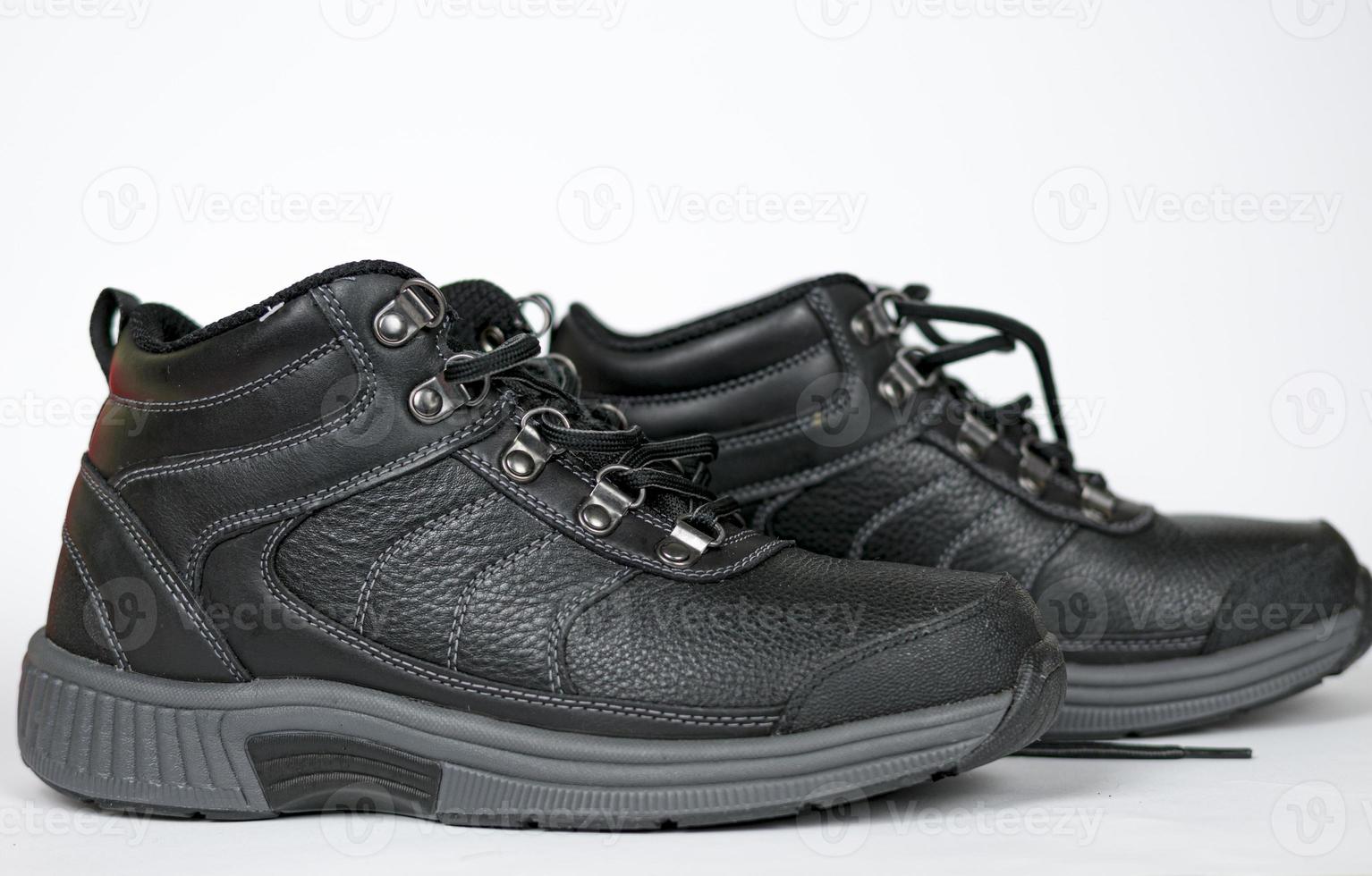 Black women's leather winter sneakers with laces. No logo photo
