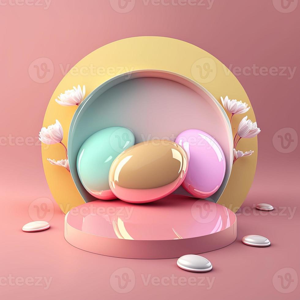 Pink Podium with Shiny Eggs and Flower Decoration for Product Stand Easter Celebration photo