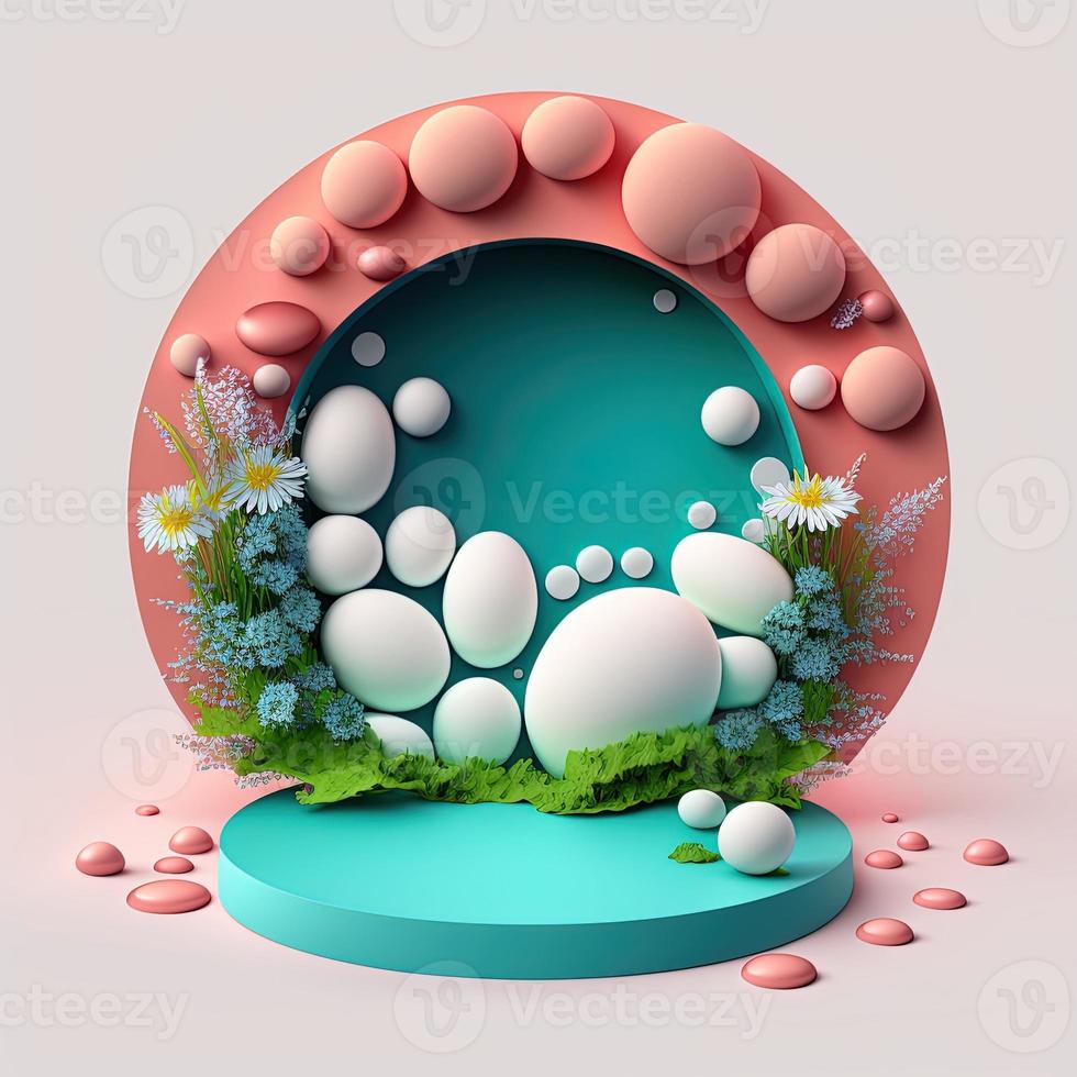 digital 3d ilustración de un podio con Pascua de Resurrección huevos, flores, y hojas adornos para producto monitor foto