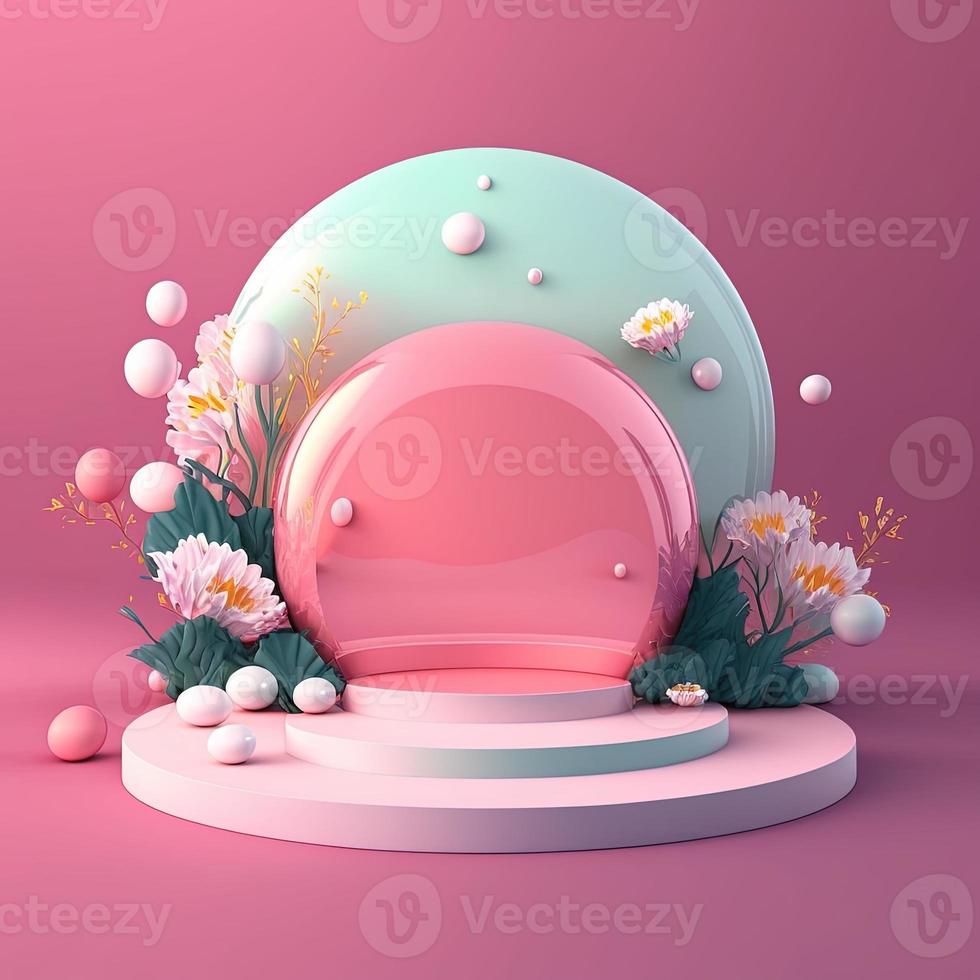 Pink Podium with Shiny Eggs and Flower Decoration for Product Presentation Easter Celebration photo