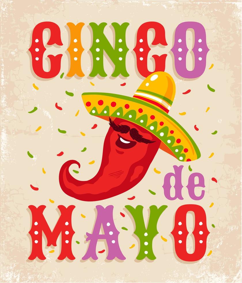 Vector poster on old paper for Cinco de mayo with red mexican chilli. Chili in sombrero. Cinco de mayo festive.