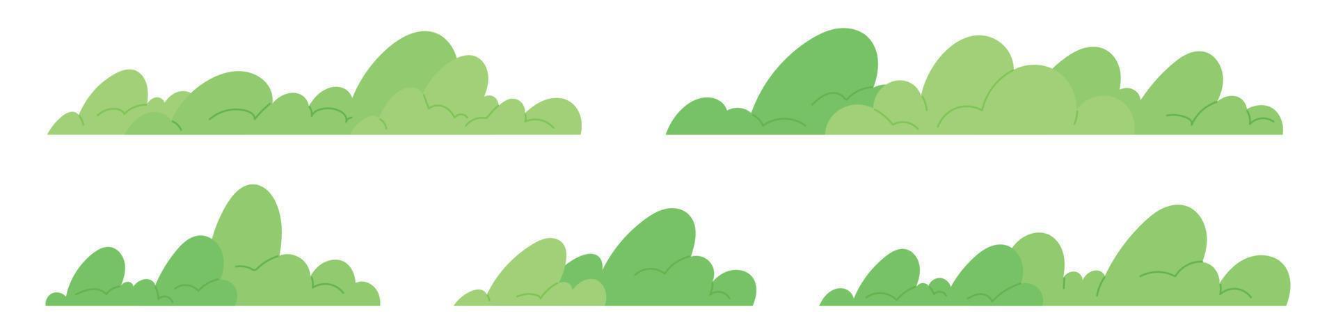 Simple forest bushes. Silhouette collection of trees and grasses line. Cartoon vector illustration