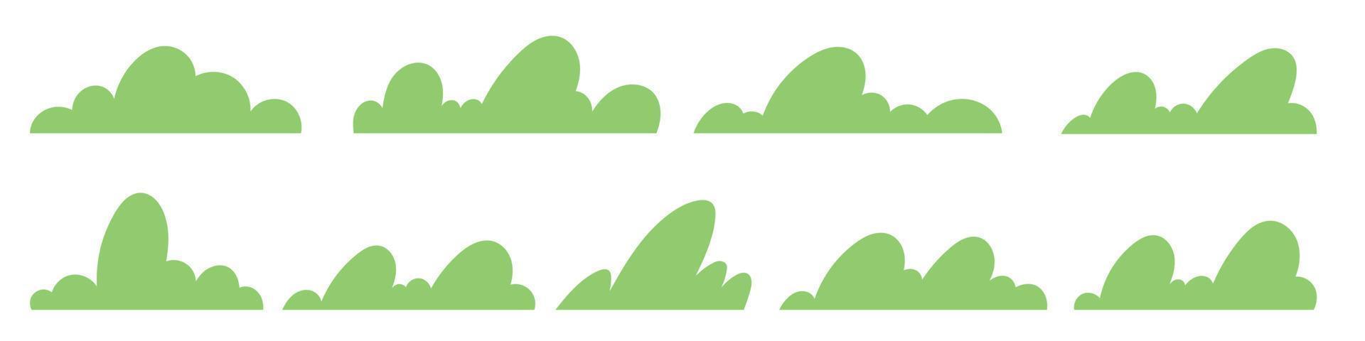 Simple forest bushes. Silhouette collection of trees and grasses line. Cartoon vector illustration