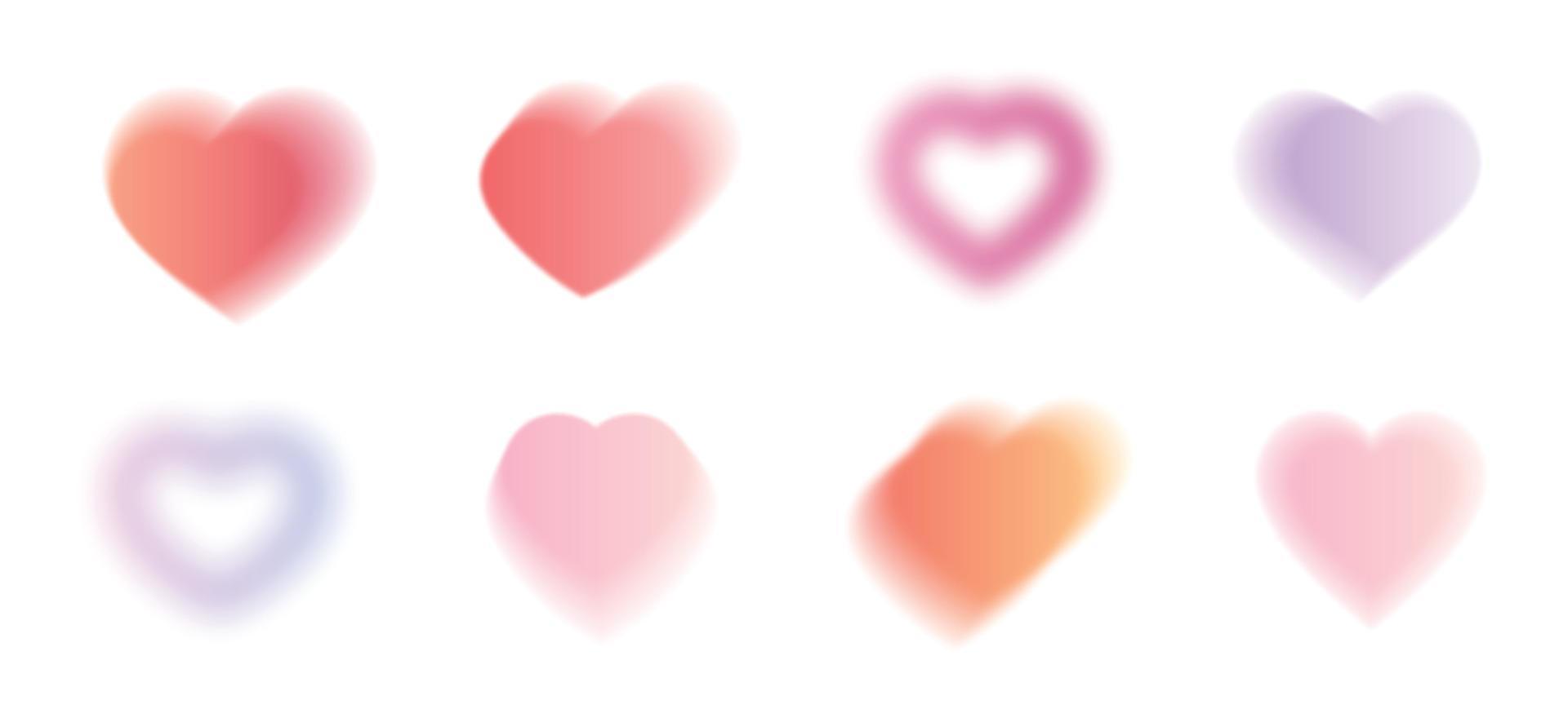 Abstract blurred gradients hearts set. Soft graphic elements collection for valentine day.Y2k aesthetics aura. Vector isolated illustration