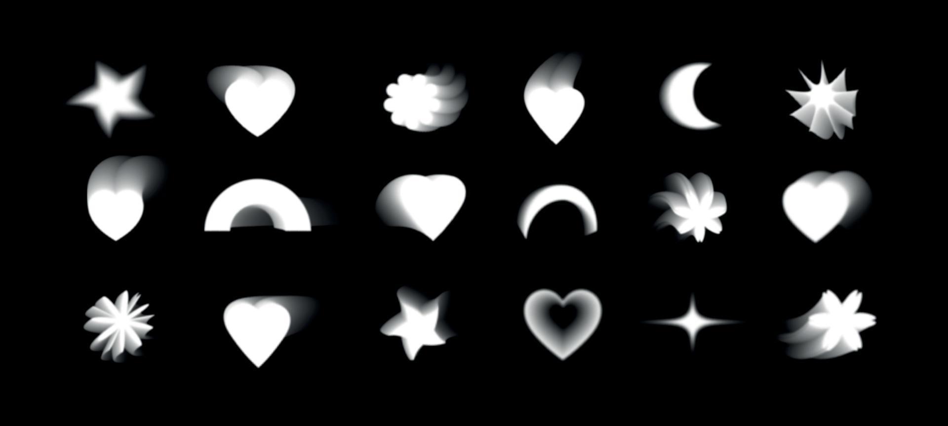 Abstract blurred gradients hearts and flowers set. Soft monochrome graphic elements collection.Y2k aesthetics aura. Vector isolated illustration