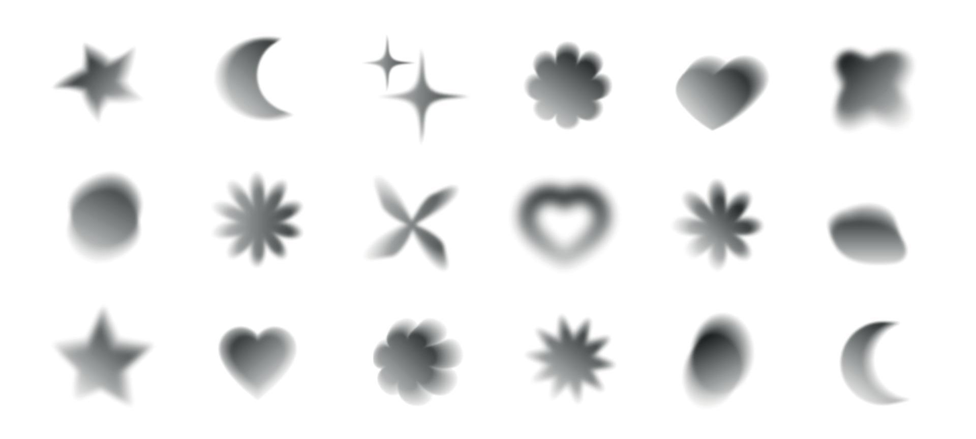 Abstract blurred gradients hearts and flowers set. Soft monochrome graphic elements collection.Y2k aesthetics aura. Vector isolated illustration