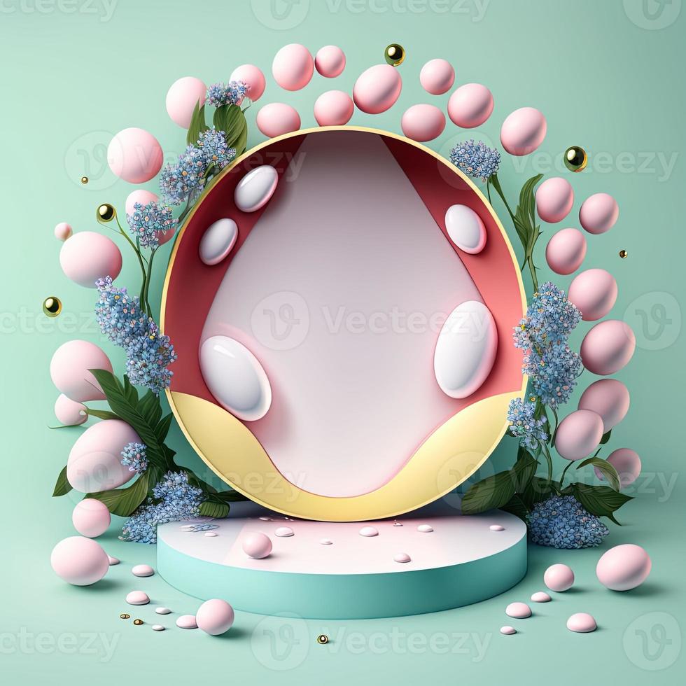 3d ilustración de un podio con huevos, flores, y hojas decoración foto