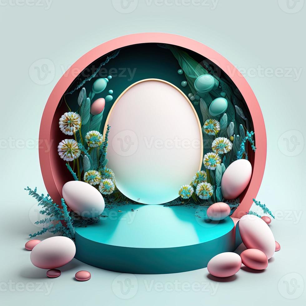 Digital 3D Illustration of a Podium with Easter Eggs, Flowers, and Greenery Decoration for Product Display photo