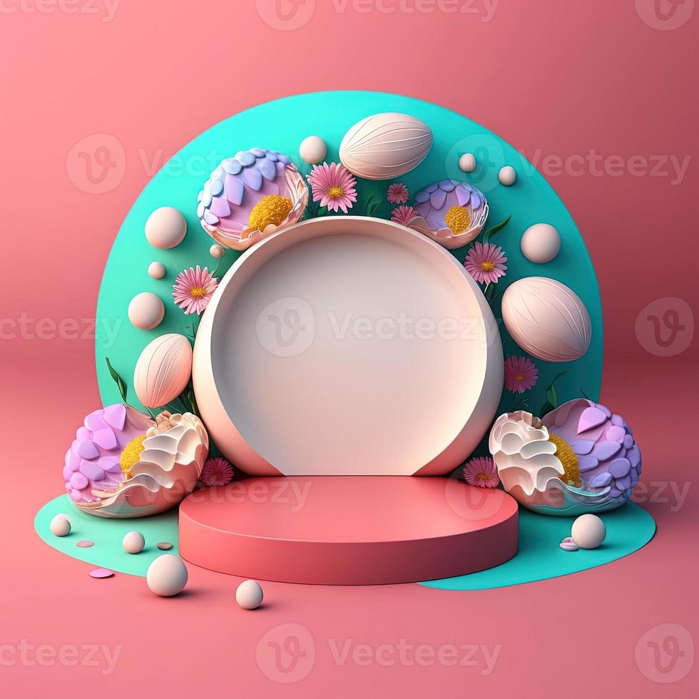 3D Pink Podium Decorated with Shiny Eggs and Flowers for Product Display Easter Holiday photo