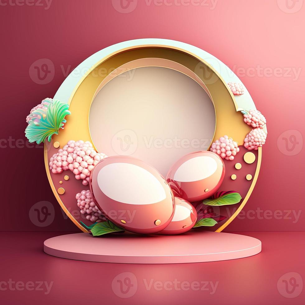 3d rosado podio decorado con brillante huevos y flores para Pascua de Resurrección día foto