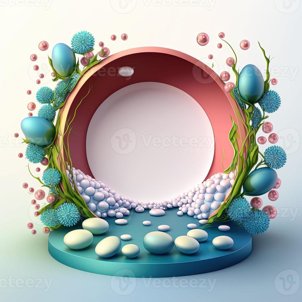digital 3d ilustración de un podio con huevos, flores, y hojas decoración para producto monitor foto
