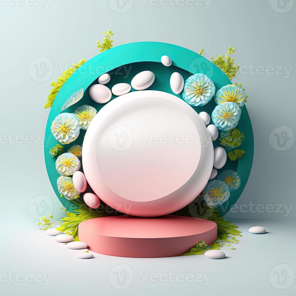 Digital 3D Illustration of a Podium with Easter Eggs, Flowers, and Leaves Decoration for Easter Celebration photo