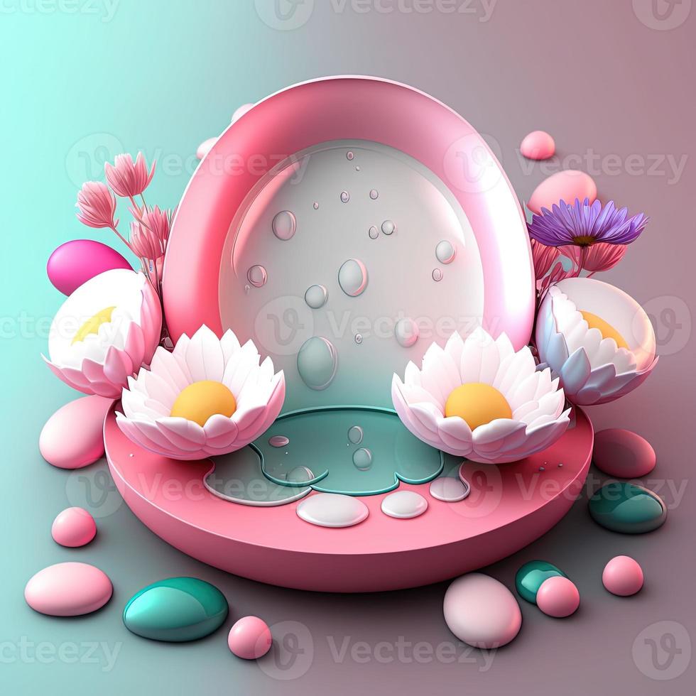 3D Pink Podium Decorated with Shiny Eggs and Flowers for Product Display Easter Holiday photo