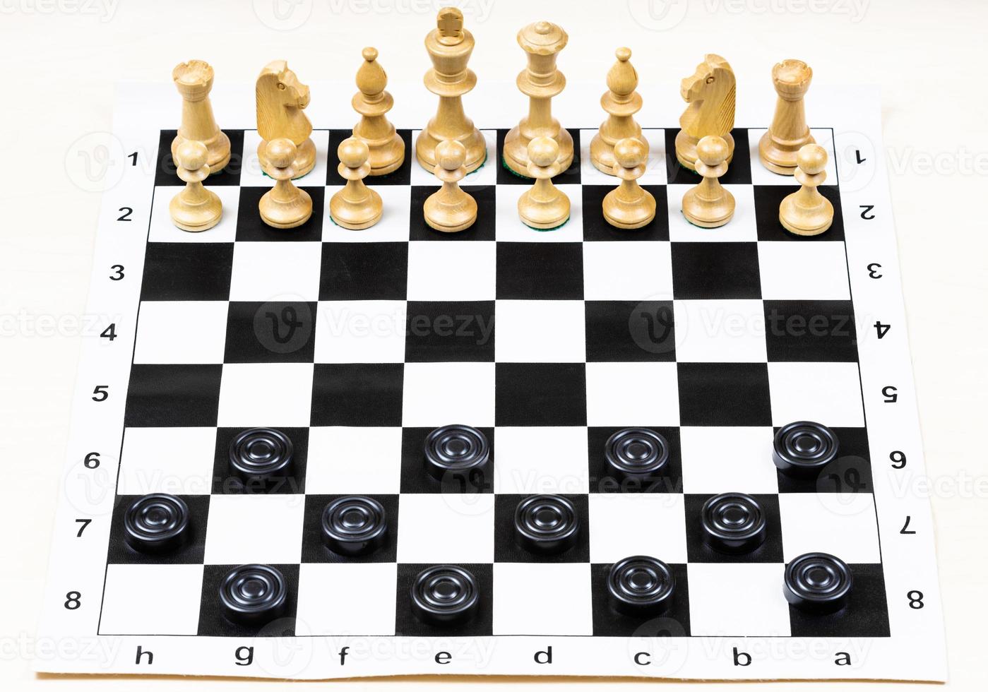 Overhead view of a chess board set up for a game Stock