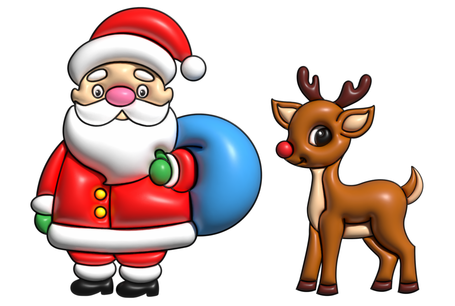 Santa Claus with deer and Christmas presents. 3d icon. 3d illustration 3d render PNG
