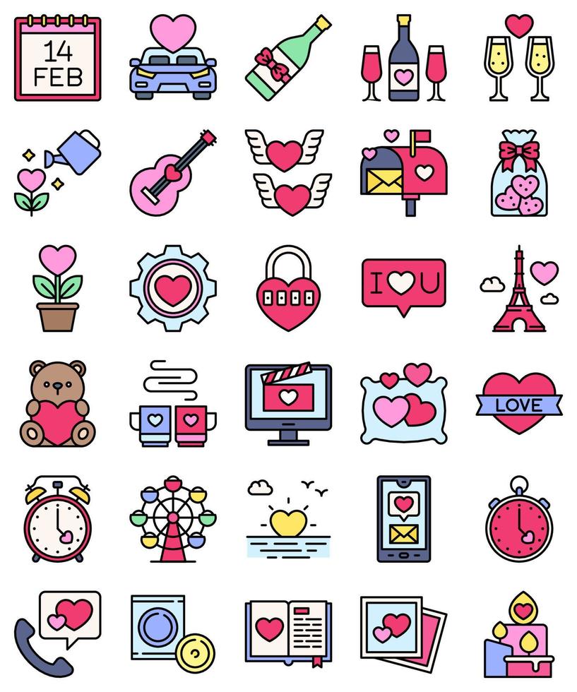 Valentines day related filled icon set vector