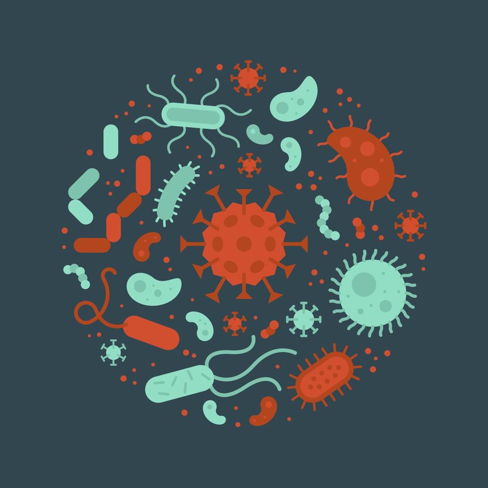 virus y bacterias redondo diseño, plano estilo vector