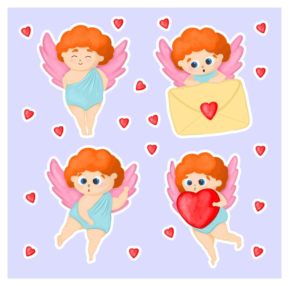 A set of stickers for Valentines Day. Cute cupid characters with arrows and hearts. vector