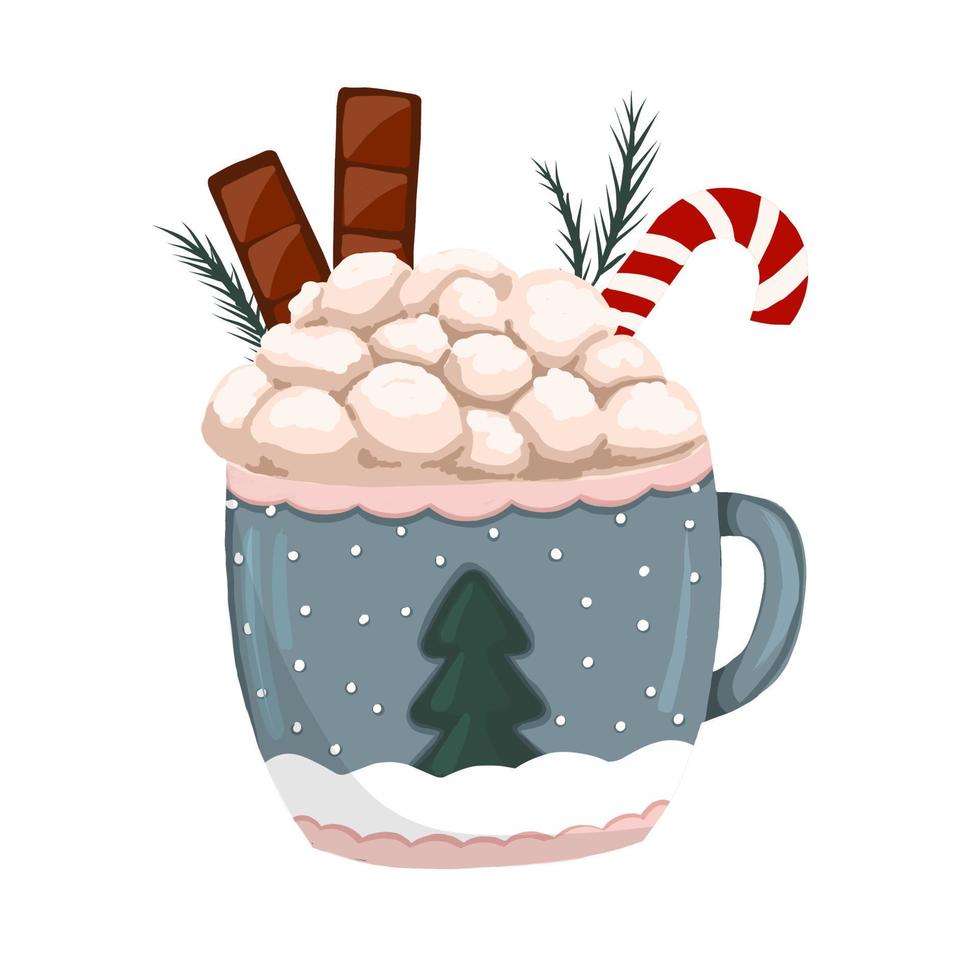 cup with christmas cocoa and cream. marshmallow and cappuccino. mug with winter hot drink isolated on white background vector