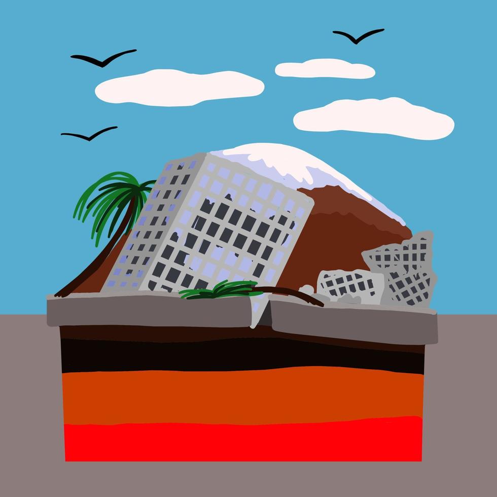 terremoto. natural desastre. movimiento de tectónico platos ilustración. el descanso de el camino, el edificio se derrumba y caídas dentro el descanso. vector