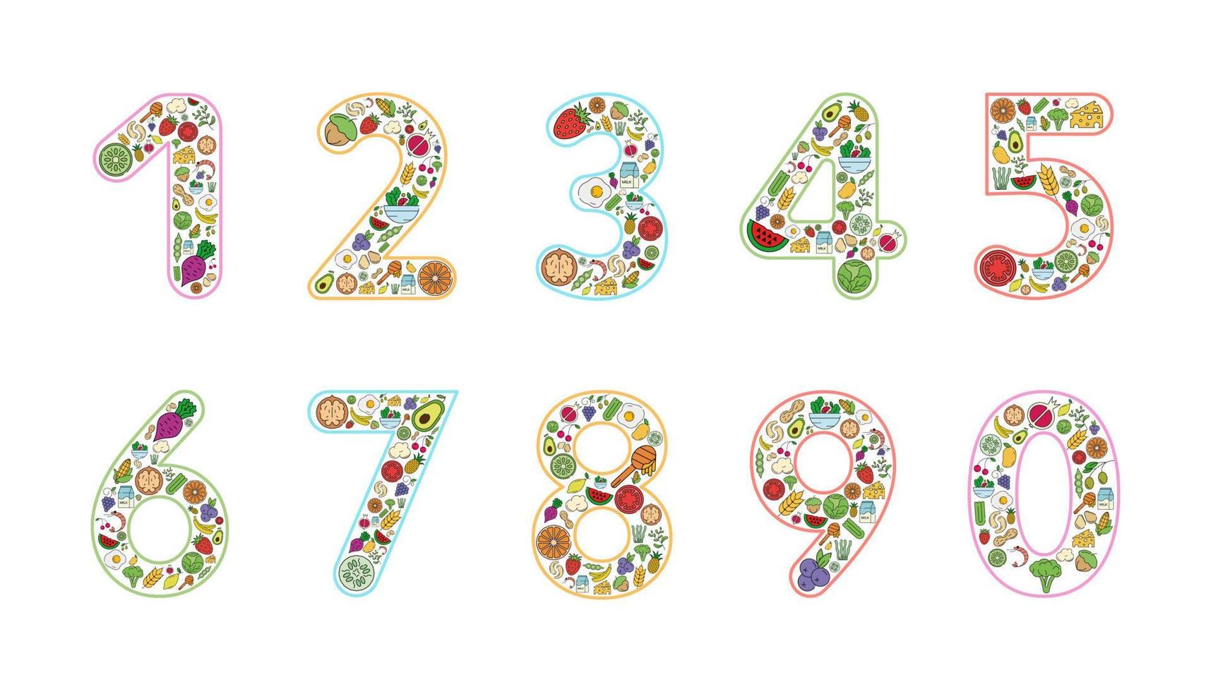 Food and drink collage design from numbers. Latin alphabet numbers from 1 to 0. Logo, corporate identity, app, creative poster and more. vector