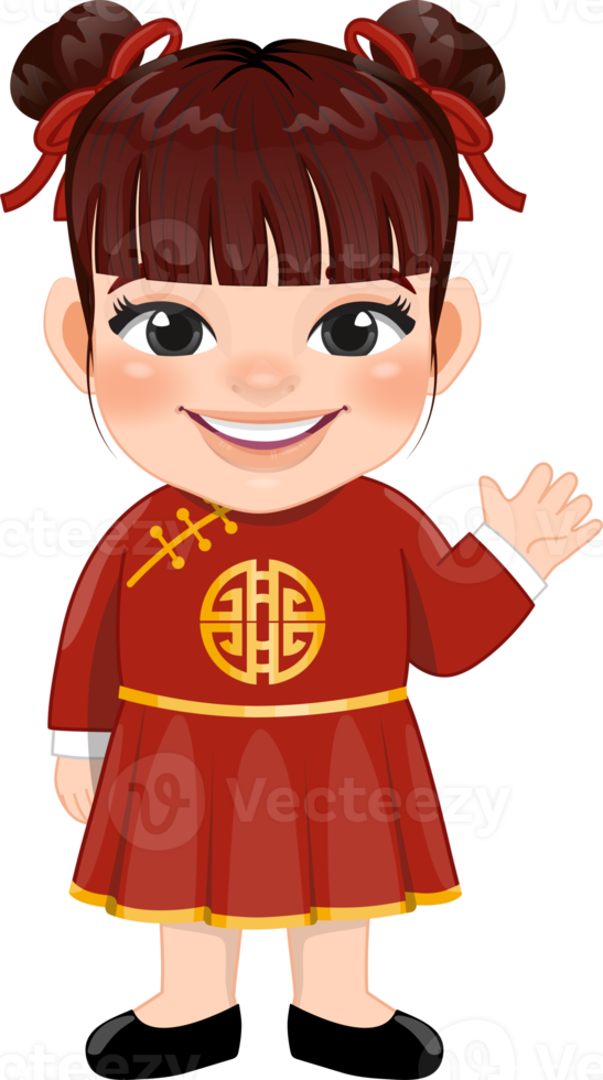 chino niña saludo con antiguo chino ropa dibujos animados personaje png