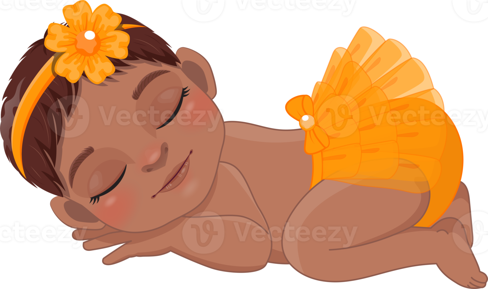 Cartoon character sleeping black baby girl wearing orange ruffled diaper cartoon png