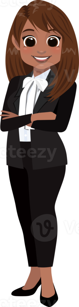 Flat icon with African American cute businesswoman cartoon character in office style smart black suit and crossed arms pose. png