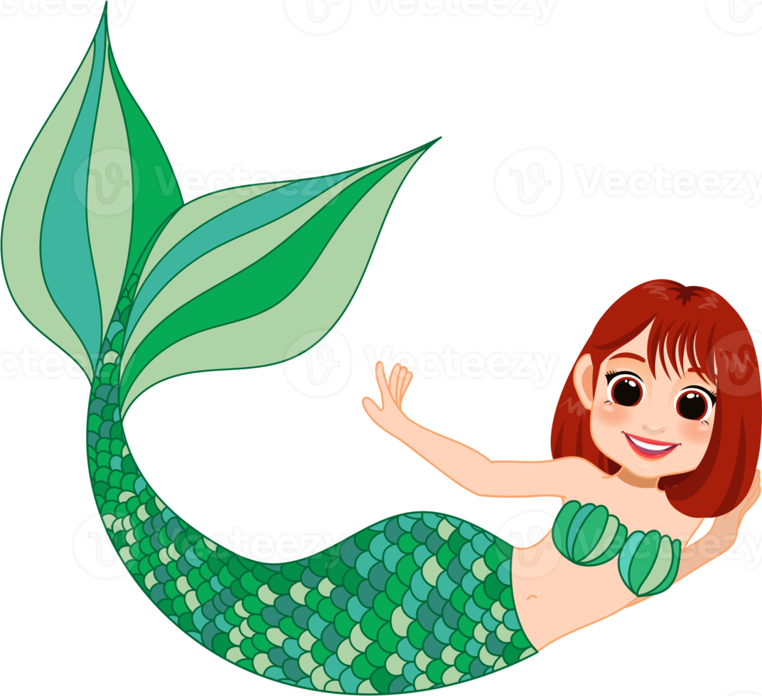 Cartoon character with cute mermaid princess with colorful hair and tail png