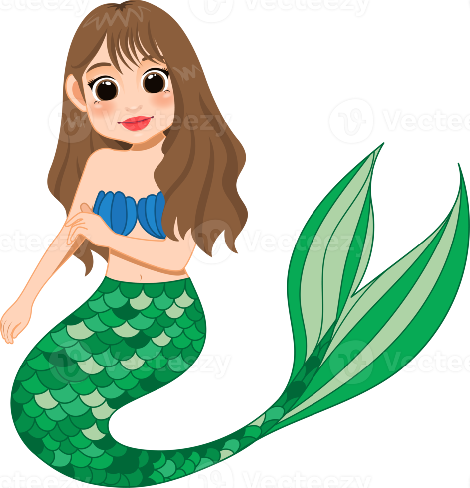 Cartoon character with cute mermaid princess with colorful hair and tail png