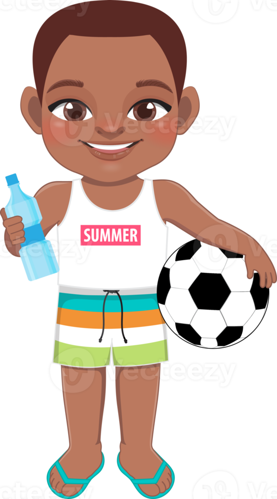 Beach black boy in summer holiday. African American kids holding football and water bottle cartoon character design png