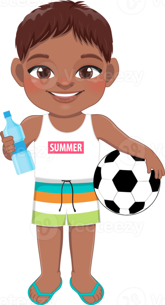 strand svart pojke i sommar Semester. afrikansk amerikan barn innehav fotboll och vatten flaska tecknad serie karaktär design png