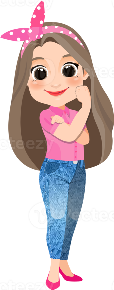 International Women's day with Girl Power in Pink shirt and Blue jeans png