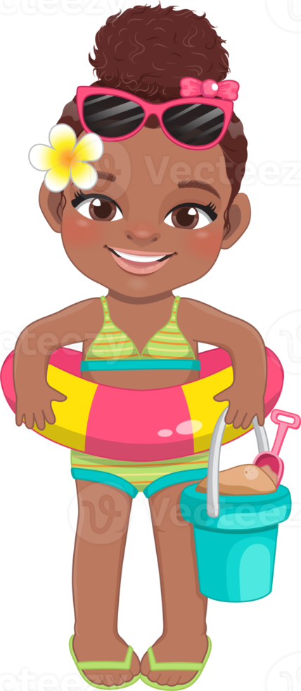 Beach black girl in summer holiday.  American African kids holding rubber ring cartoon character design png