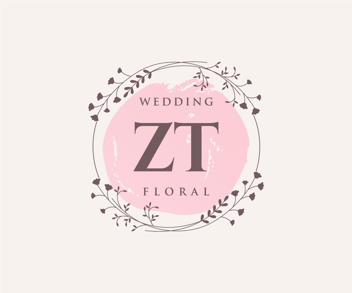 ZT Initials letter Wedding monogram logos template, hand drawn modern minimalistic and floral templates for Invitation cards, Save the Date, elegant identity. vector