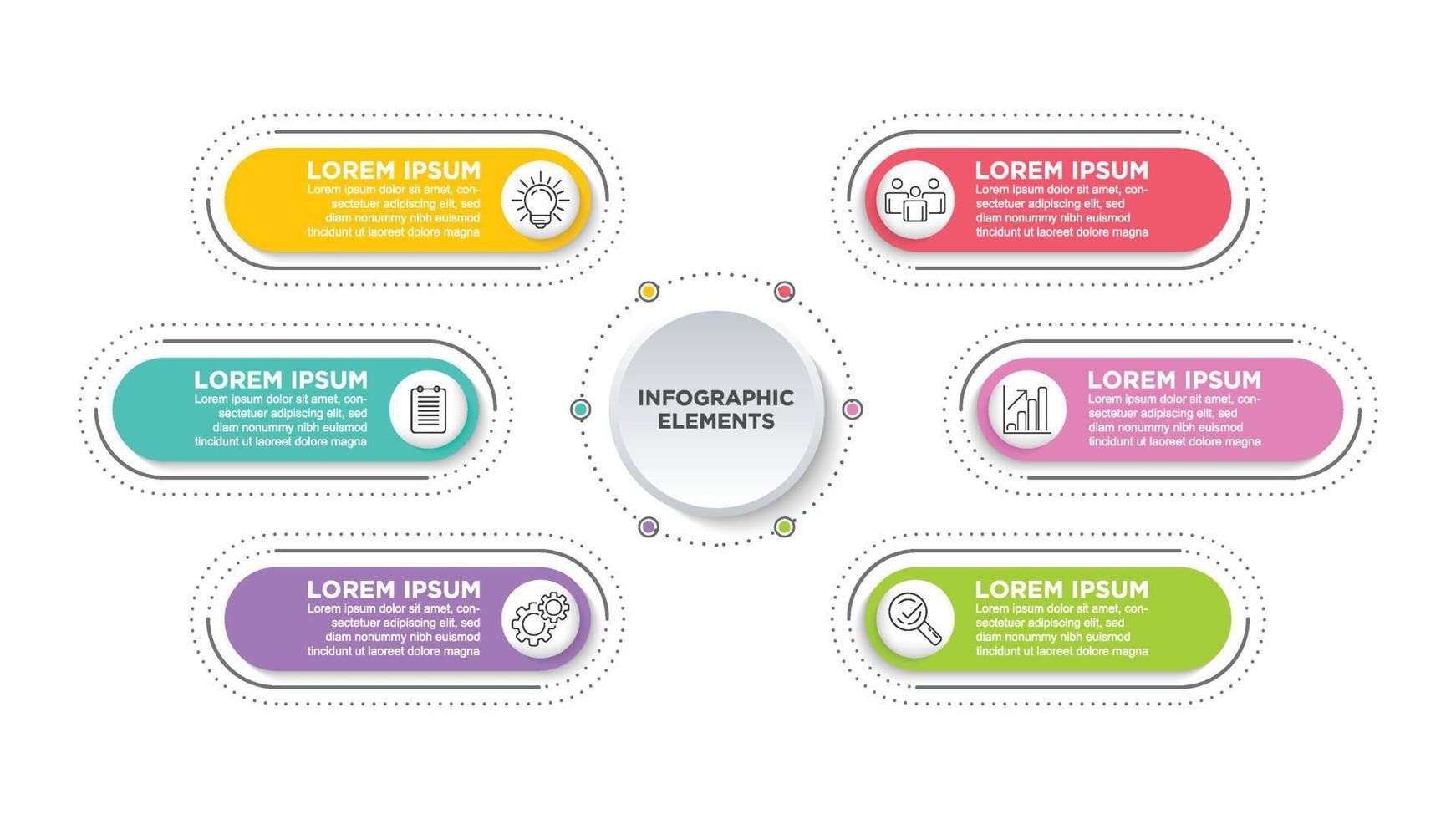 Business 6 step process chart infographics with step circles. Simple infographic design template. Flat vector illustration for presentation, report.