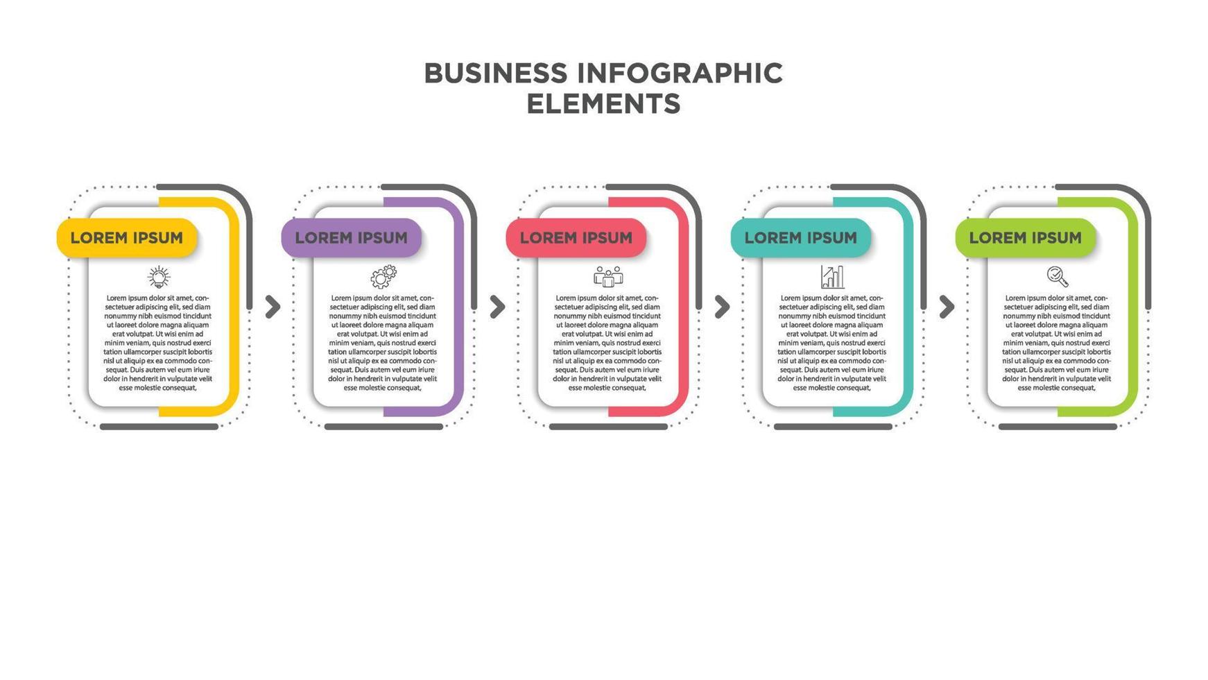 Infographics business template. Visualization of 5-stepped business process. Simple infographic design template. Flat vector illustration for presentation, report.