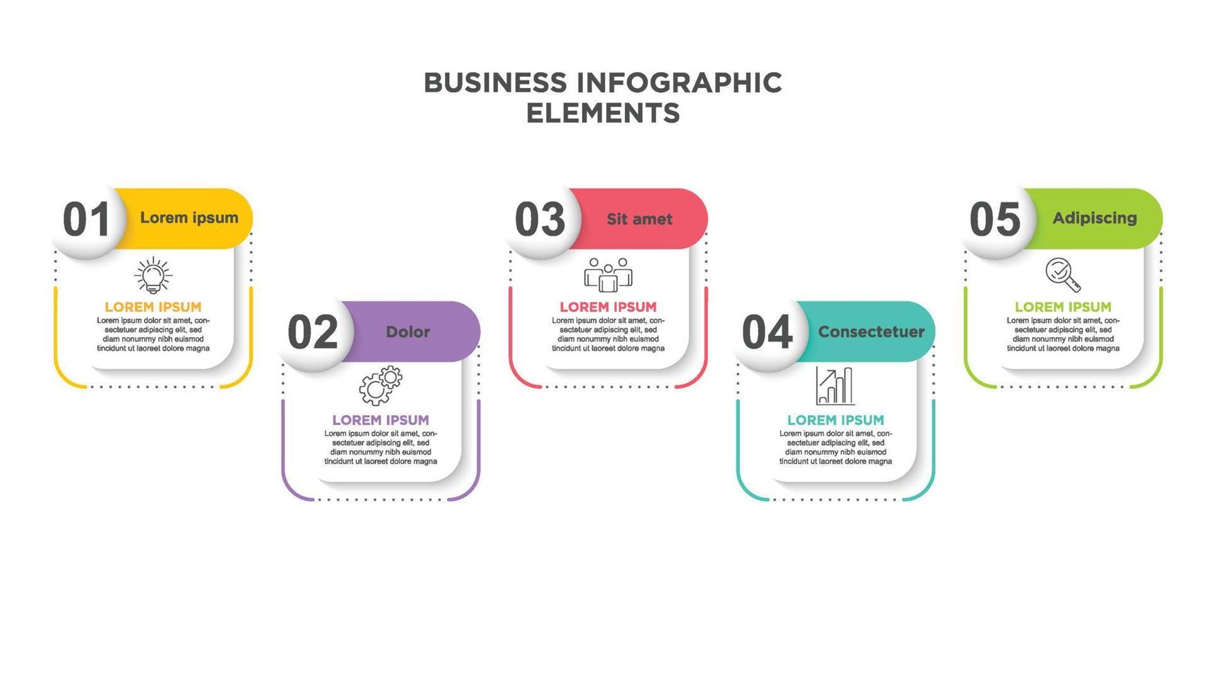 Infographics business template. Visualization of 5-stepped business process. Simple infographic design template. Flat vector illustration for presentation, report.